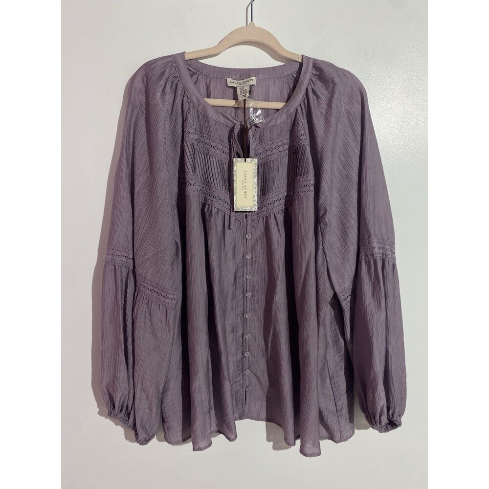 Laura Ashley Top 3X Purple Boho Fall Crochet Balloon Sleeve Office Artsy Lyocell